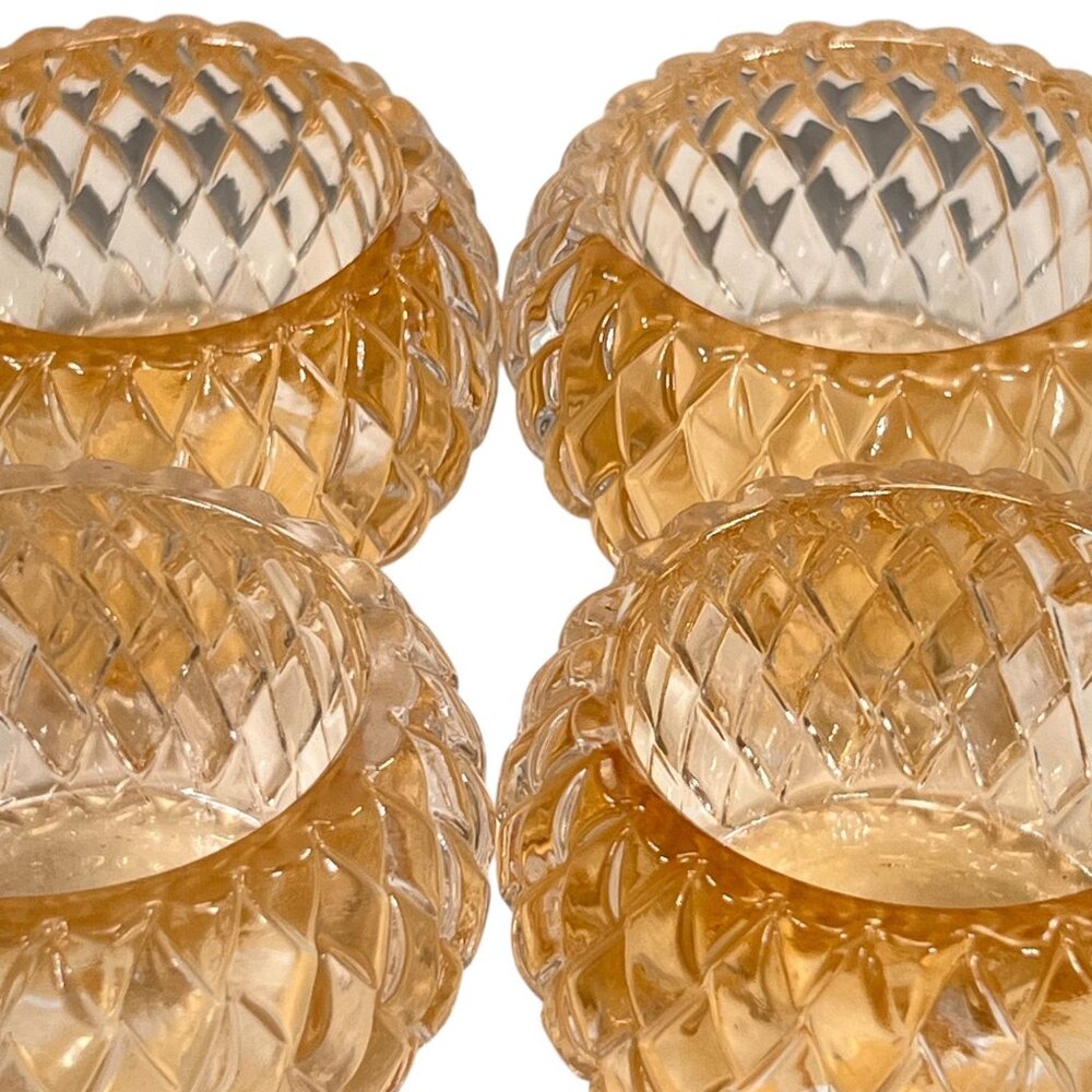 Vtg Diamond Cut Glass Candle Holders Tea Light Votive Peach Amber Patent HR